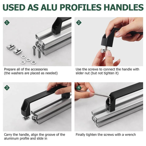 Assembly instructions for 4 Pack 3030 Aluminum Handle Set with 120mm hole distance showing installation on aluminum profiles.