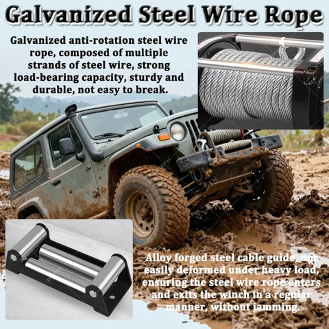 Heavy Duty Electric Winch Kit With 4500 Lbs Capacity And Steel Cable For Trucks Jeeps SUVS showcasing galvanized steel wire rope and roller fairlead.