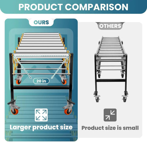 Product comparison of Heavy Duty 1000 Lbs Adjustable Roller Conveyor Table 25 Inches Wide with larger size on the left.