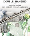 Rustproof Brushed Nickel Shower Curtain Hooks Set With Double Glide Design showing hooks on rod with curtains
