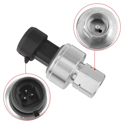 Close-up of AC Pressure Sensor Switch Compatible With Chevy Suburban Tahoe GMC Sierra Buick Cadillac Pontiac Saturn Isuzu Hummer Oldsmobile Saab 2002 2021 HVAC Pressure Transducer Replaces 13587668 with connector details.
