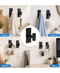 Five Pack Heavy Duty Adhesive Wall Hooks With Removable Strips For No Damage Hanging In Bathrooms Showers Outdoor Use Stainless Steel 304 In Black Durable Hooks For Towels Robes Hats And More Each Pair Holds Up To 8 Lbs With Two Strips shown in different room settings