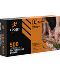 No Sweat Clear Disposable Gloves 500 Count Box Lightweight Polyethylene Ambidextrous Fit Large for food prep and restaurant use.