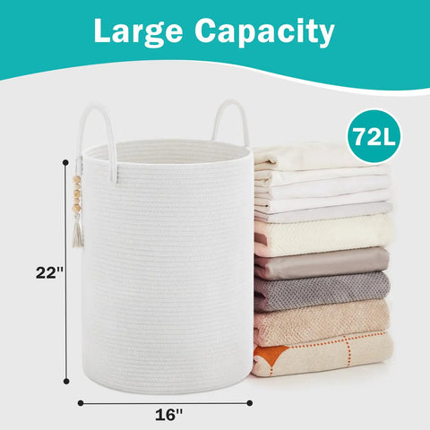 Cotton Rope Laundry Hamper Basket 58L Tall Woven Collapsible Organizer For Blankets Clothes Toys In Laundry Room Storage
