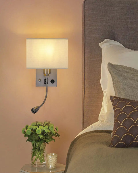 Cozy bedroom setting with Two Pack Plug In Wall Sconce Set With Dimmable Switches And USB Ports Brushed Nickel Bedside Reading Lamps.