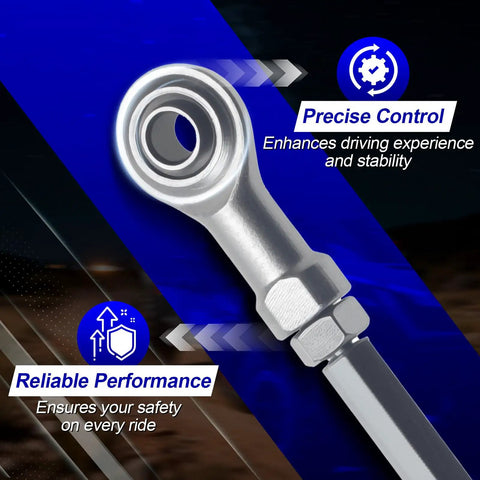 Adjustable Steering Tie Rods Set Of 2 238mm 240mm Lengths With 8mm Hole For 49cc Go Karts And Electric ATVs Built Beefy From Rust Resistant Metal For Easy Fit And Long Lasting Performance, silver tie rod end close-up
