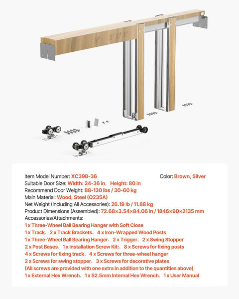 Pocket Door Frame Kit For 24 To 36 Inch Wide Doors 80 Inch High With Two Way Soft Close System, wood and galvanized steel parts