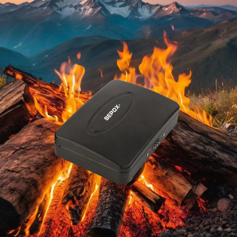 Water And Fire Resistant Portable Security Case With Solid Steel Build against a mountain backdrop and flames
