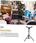 Slick Black Tripod Drum Stand With Heavy Duty Snare Rack And Practice Pad Holder Featuring Adjustable Heights; compact and portable for bedroom jamming.