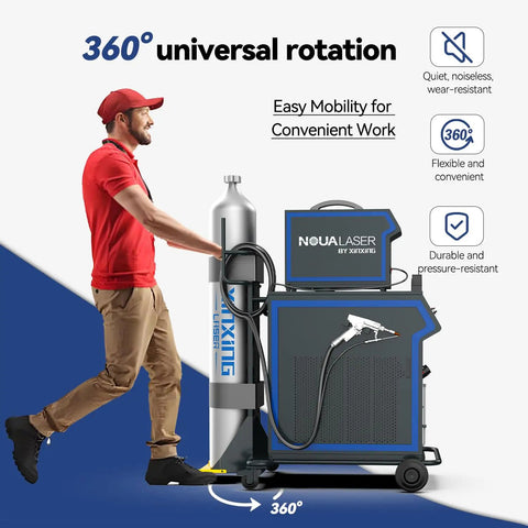 3000W Laser Welder Beast Mode 4 In One System For Metal includes a person rolling mobile cart with a laser welder and gas bottle.
