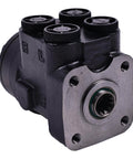 HOLDWELL hydraulic steering control unit orbitrol valve, front view; black metal body with silver mounting flange