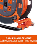 Close-up of 60 Ft Cord Reel With Four Outlets 14 AWG SJTW Cable Workhorse Heavy Duty showing tangle-free winding system.
