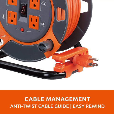 Close-up of 60 Ft Cord Reel With Four Outlets 14 AWG SJTW Cable Workhorse Heavy Duty showing tangle-free winding system.