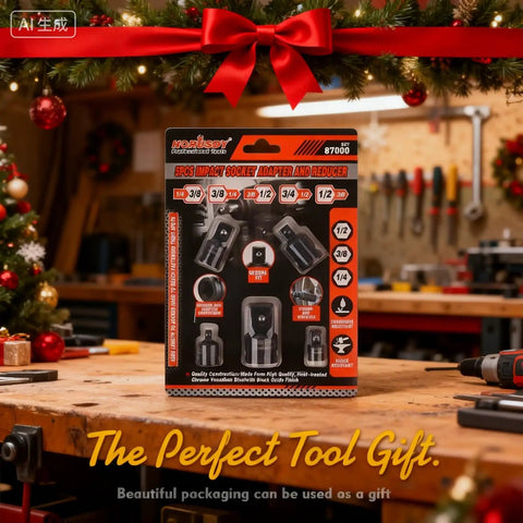 Heavy Duty Impact Socket Adapter And Reducer Set For Drills And Impact Drivers, 5-Piece Kit displayed on workshop table.