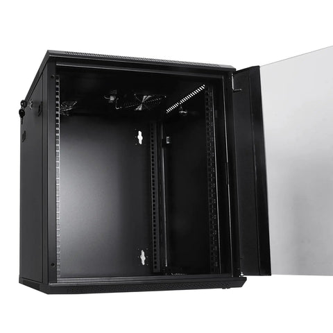 Rock Solid 12U Wall Mount Network Rack Cabinet Featuring Locking Tempered Glass Door Quiet Cooling Fan And Hassle Free Rail System For 19 Inch Server And AV Gear