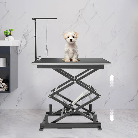 Super Versatile Electric Lift Table With Remote That Handles 180 Lbs Smoothly, Featuring Adjustable Height From 10 To 43 Inches For Easy Warehouse Loading And Factory Material Moving Without Strain with a small dog on top.