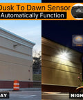 Beefed Up 150W LED Parking Lot Light With Adjustable Arm Mount shown illuminating a building during day and night, IP65 Waterproof