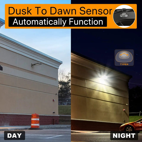 Beefed Up 150W LED Parking Lot Light With Adjustable Arm Mount shown illuminating a building during day and night, IP65 Waterproof