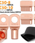 Copper lugs SC50-8 and SC50-10 with heat shrink tubes for 1/0 gauge CCA power and ground wire kit installation