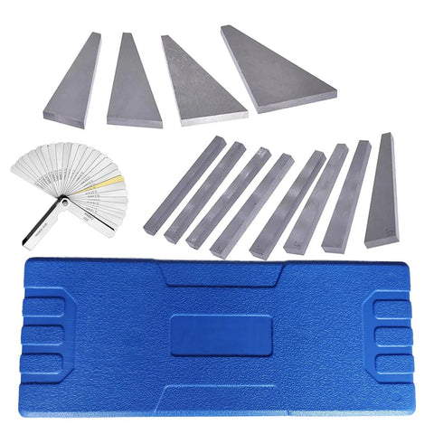 12-piece steel angle gauge block set with triangular and rectangular blocks in blue plastic case.