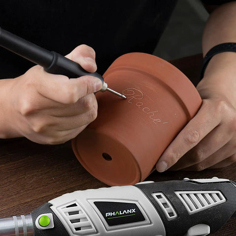 Powerful 180W Rotary Tool Kit With 6 Speed Settings And Flexible Shaft 8000 To 35000 RPM 213 Accessories in use etching terracotta