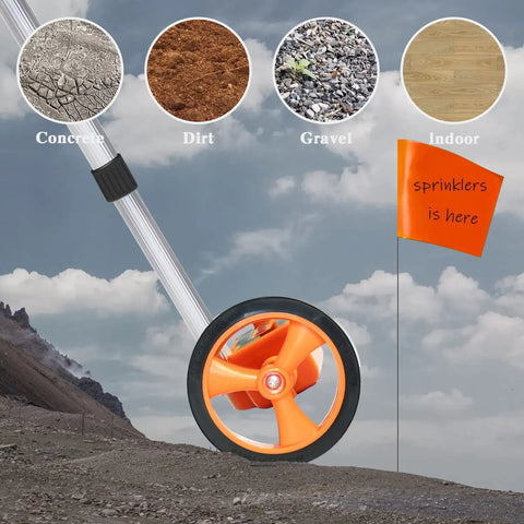 Distance Measuring Wheel With 20 Flag Markers, 40 Inch Reach, 4 Inch Wheel, One Button Reset on rocky terrain with flags
