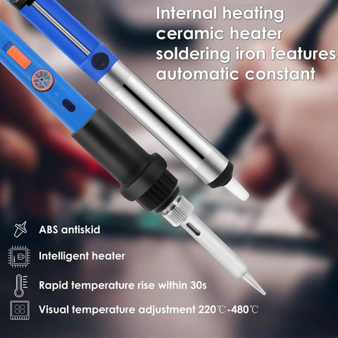 Close-up of 60W Soldering Iron Kit With Adjustable Temperature Jewelry Soldering Gun showing ceramic heater and features