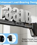 Heavy Duty No Drill Tension Curtain Rod Black Adjustable 41 To 185 Inch Extra Long Rod For Windows Patio And Bathroom Holds Heavy Curtains Renter Friendly Tools Free Install, showing load capacity of 33 lb and stable triangle design.