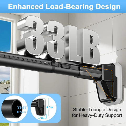 Heavy Duty No Drill Tension Curtain Rod Black Adjustable 41 To 185 Inch Extra Long Rod For Windows Patio And Bathroom Holds Heavy Curtains Renter Friendly Tools Free Install, showing load capacity of 33 lb and stable triangle design.