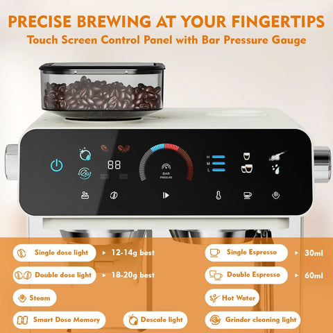Front view of 20-Bar Espresso Machine's touch screen showing grind settings, bar pressure gauge, and bean container with beans.