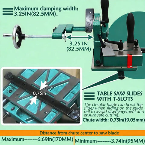 Knockout Precision Woodworking Tenoning Jig For Table Saw shown with 3.25in clamping width and T-slot table saw slides.