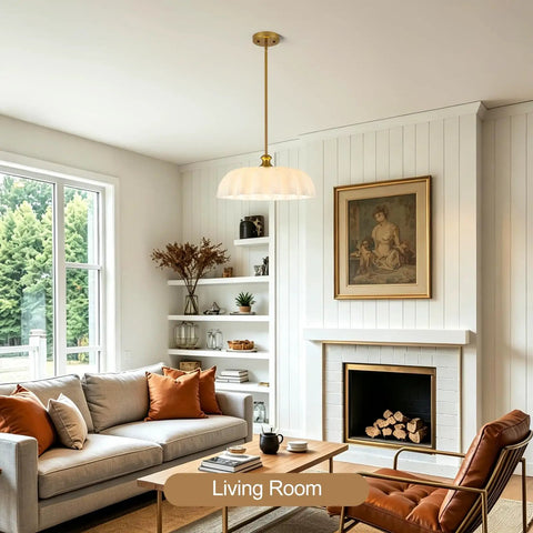puncoll 15.7 Vintage Milk Glass Pendant Light Kitchen Island hanging in a living room with golden accents and soft glow.