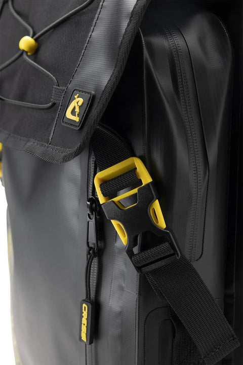 Close-up of Venom Dry Backpack with Rolltop Closure 30L Waterproof Wet Gear Bag showing yellow buckle and black strap detail