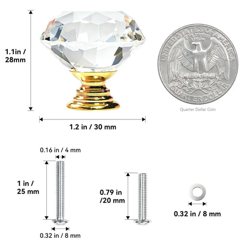 16 Pack Slick Crystal Cabinet Knobs With 30mm Diamond Glass Pull Handles And Polished Gold Base, Clear Dresser Knobs For A Fresh Home Vibe Upgrade, Includes Long And Short Screws, showcasing dimensions and design.