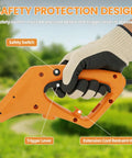 Orange handle of Beast Corded Garden Tiller Cultivator With Foldable Handle 14 Inch 12 Amp Motor Four Steel Tines Rototiller with glove