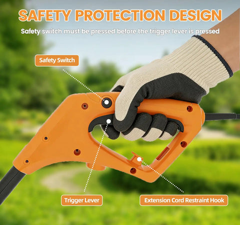Orange handle of Beast Corded Garden Tiller Cultivator With Foldable Handle 14 Inch 12 Amp Motor Four Steel Tines Rototiller with glove