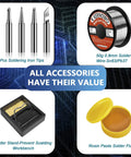 Accessories for All In One 120W Soldering Gun Kit, including tips, solder wire, stand, and rosin paste flux