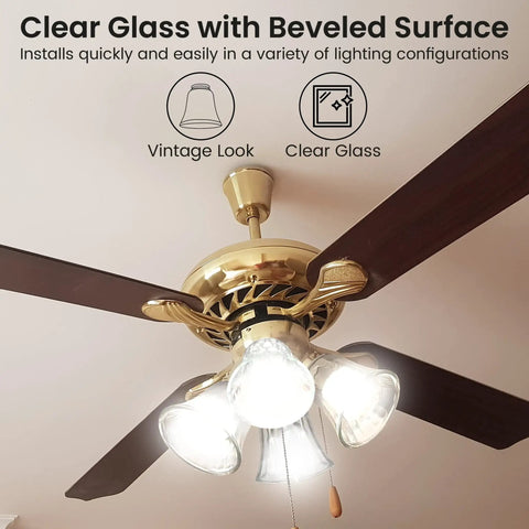 Ceiling fan with beveled glass ceiling light covers for fans and fixtures, replacement globe shades 4 pack, elegant indoor upgrade.