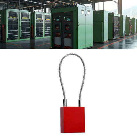 Lockout Tagout Cable Lock With Quick One Way Locking for industrial equipment, red padlock with steel cable.