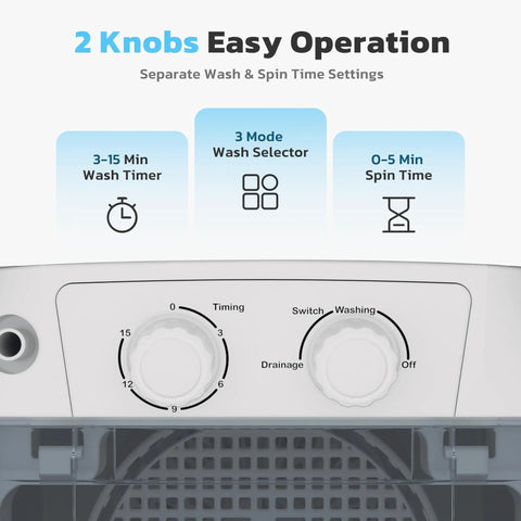 Heavy Duty Portable Washing Machine With 5.5 Pound Capacity And Quick 110V Spin Cycle controls showing timer and wash settings.