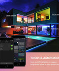 Smart LED Color Changing Bulbs With Alexa And Google Assistant in a house with automated lighting schedule, poolside view.