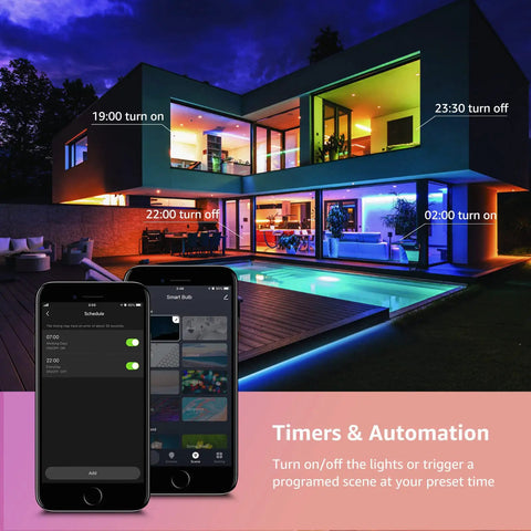 Smart LED Color Changing Bulbs With Alexa And Google Assistant in a house with automated lighting schedule, poolside view.