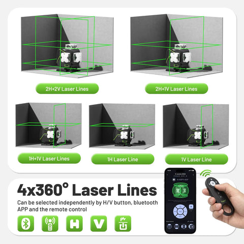 360 Degree Self Leveling Laser Level With 4D Cross Line Laser 4x360 Green Cross Lines LCD Screen Bluetooth Outdoor Pulse Remote Rechargeable Pro Grade 16 Line Layout Tool For Construction Tile Floor Installations showing 4x360 laser modes