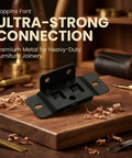 Built Like A Tank Cold Rolled Steel Furniture Corner Braces For No Sweat Setup And Rock Solid Stability On Beds Tables Shelves And Cabinets Black Heavy Duty Connector on a wooden surface.