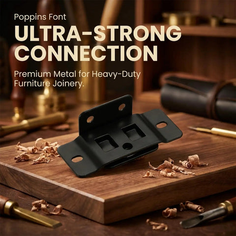 Built Like A Tank Cold Rolled Steel Furniture Corner Braces For No Sweat Setup And Rock Solid Stability On Beds Tables Shelves And Cabinets Black Heavy Duty Connector on a wooden surface.