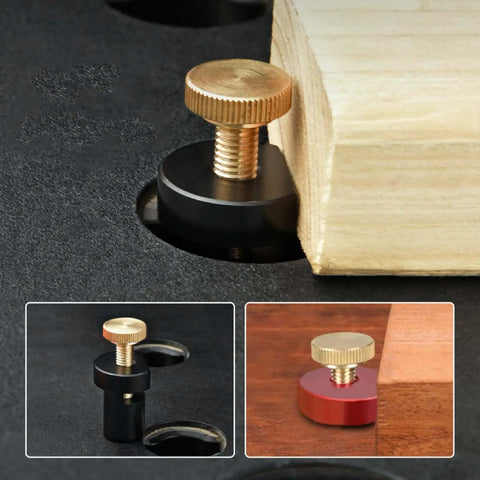 19mm Aluminum Alloy Workbench Stop with Thumb Screw in black and gold, securing a wooden workpiece for table use