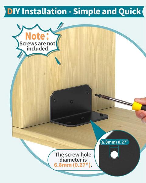 DIY installation of Built To Last Heavy Duty 4 Inch L Bracket Corner Brace 90 Degree Angle Iron Supports, matte black on wooden shelf.