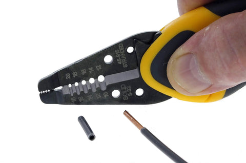 Close-up of Kinetic Reflex T-Stripper 45-915 Wire Stripper for 10-20 AWG, showing precise cable stripping in action.