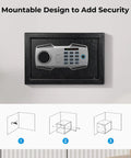 Smart Biometric Fingerprint Safe Lockbox With 3 Way Access shown mounted on wall with keypad and installation guide.