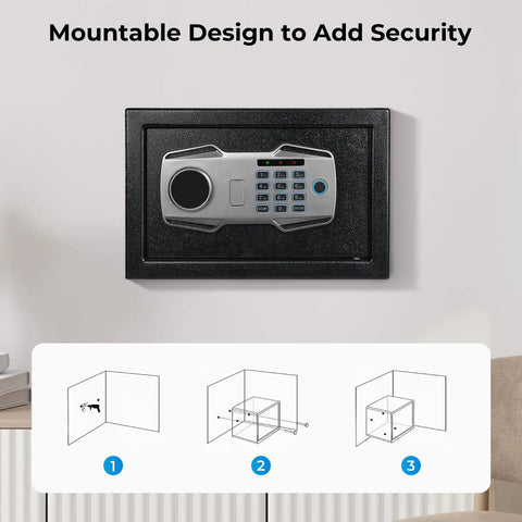 Smart Biometric Fingerprint Safe Lockbox With 3 Way Access shown mounted on wall with keypad and installation guide.